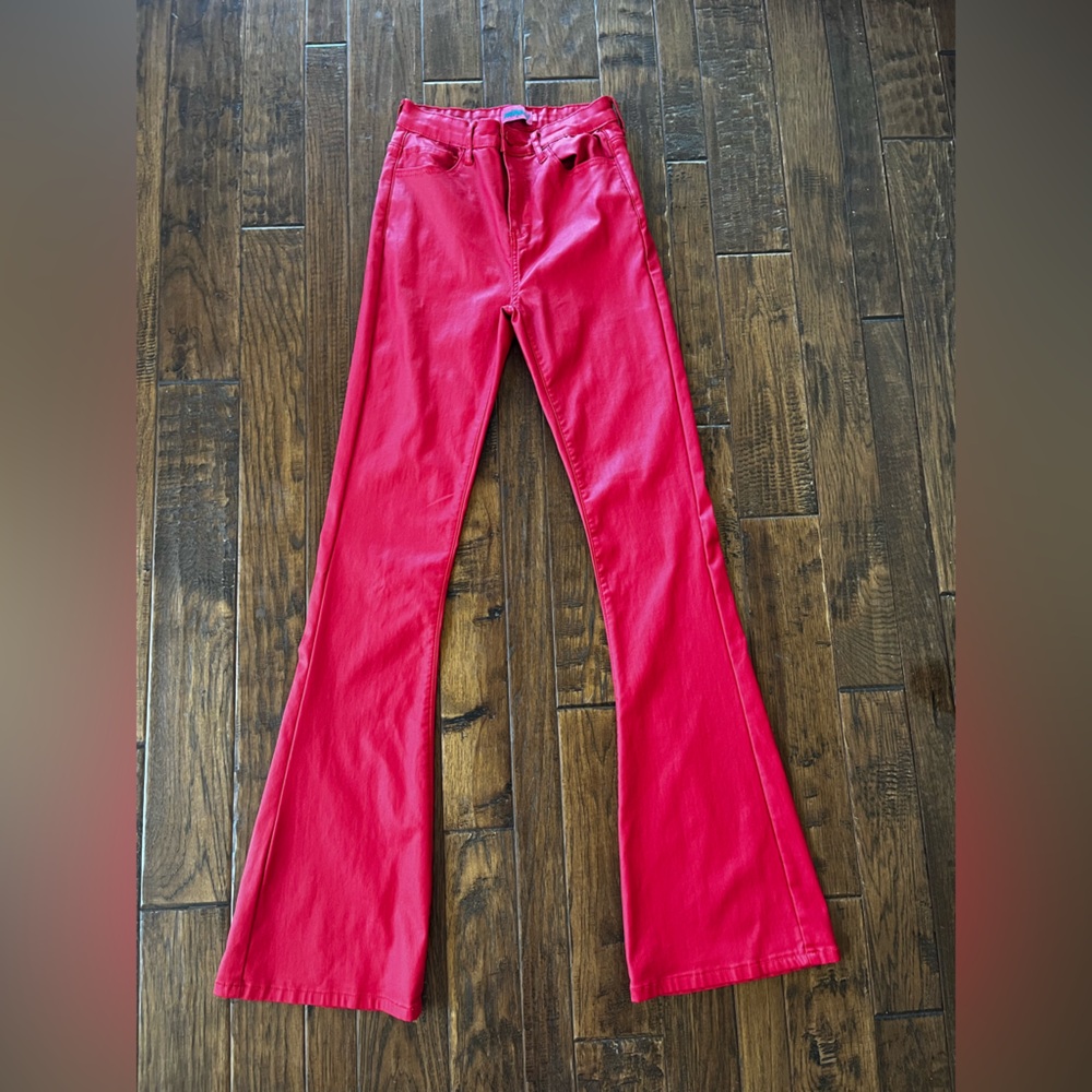 Edikted Women's Luna Faux Leather Flare Jeans, Color Red Size Medium